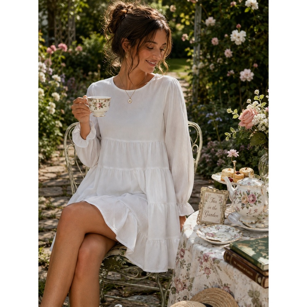 Joteisy White Tiered Babydoll Mini Dress Long Sleeve Ruffle Cuff Small NEW